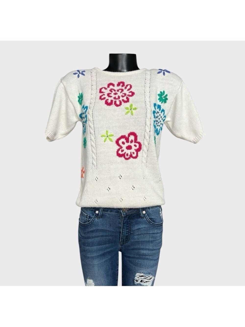 Jantzen VTG 80s Short Sleeved Sweater Cotton Chunky Floral Knit Embroidery Retro